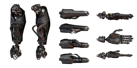 Futuristic replacement arm parts prosthesis, 3d rendering 