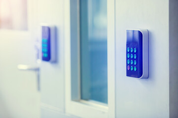 Door access control keypad of data center or system control room. The concept of data security or data access control.