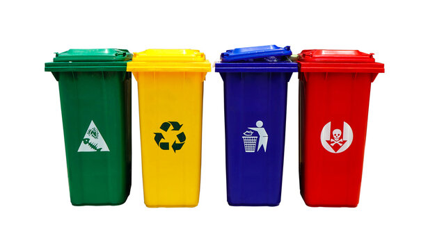 bin, types of rubbish, separated by its color, Rubbish Bin (Green), recyclable waste (Yellow) general waste (Blue), hazardous waste (Red),Trash bins come in many colors to separate categories.  