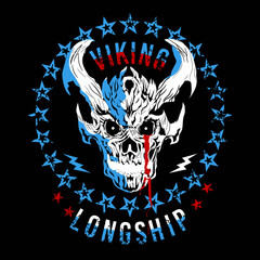 T-shirt design of a viking skull with a circle of stars and letters on a black background.	
