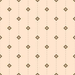 Seamless geometric pattern. Repeating geometric shapes, cross, circle, rhombus, diagonal dotted line. Minimalist design wallpaper for textile print. Vintage background of dotted and crossed line.