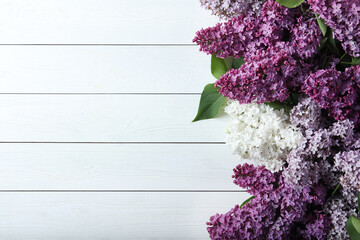 Different blossoming lilac branches on white wooden background, flat lay. Space for text