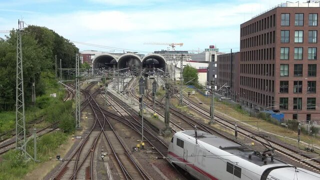 Germany high speed train called ICE driving at the main railway station in Kiel Germany