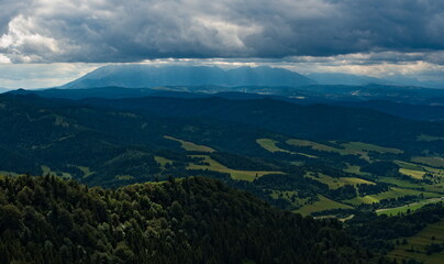 View from Mount Wysoka on the Tatras and valley. Pieniny National Park. Polish-Slovakian border