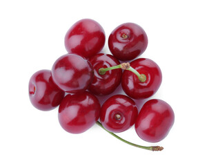Bunch of juicy cherries on white background, top view