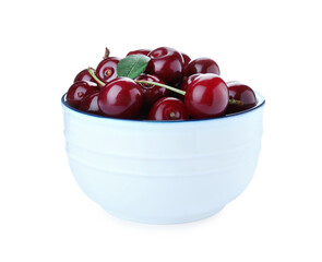 Sweet juicy cherries in bowl isolated on white
