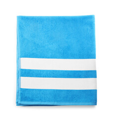 Blue towel isolated on white, top view. Beach object