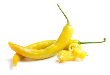 Ripe yellow hot chili peppers isolated on white