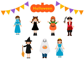 ハロウィンパーティーでいろいろな仮装する人々のイラスト
