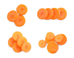 Collage of carrot slices on white background, top view