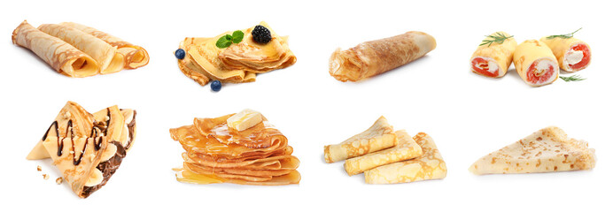 Set of tasty thin pancakes on white background. Banner design