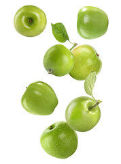 Ripe green apples falling on white background