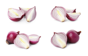 Set of red cut and whole onion on white background