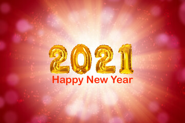 2021 New Year celebration. Creative design with bright gold balloons and blurred lights on red background