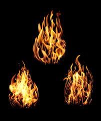 Collection of bright fire flames on black background