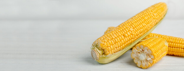 Raw corn cobs on wooden table, space for text. Banner design