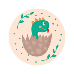 Cute dinosaur in an egg, isolated on white background. Vector cartoon illustration.