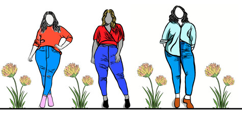 Fototapeta premium Body positive concept.Woman plus size.Confident obese women wearing beautiful dress and colorful flowers on over white background.Line drawing of cartoon character with illustration in flat design.