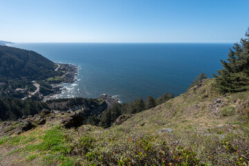 view of Oregon Coast and Pacific Ocean from a mountain at Cape Perpetua