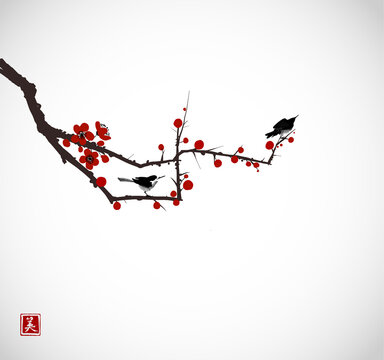 Two little birds on sakura branch. Traditional oriental ink painting sumi-e, u-sin, go-hua. Hieroglyph - beauty