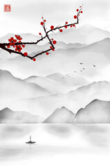 Landscape with sakura blossom. misty mountains, fishing boat and flock of birds. Traditional oriental ink painting sumi-e, u-sin, go-hua. Hieroglyph - blossom.