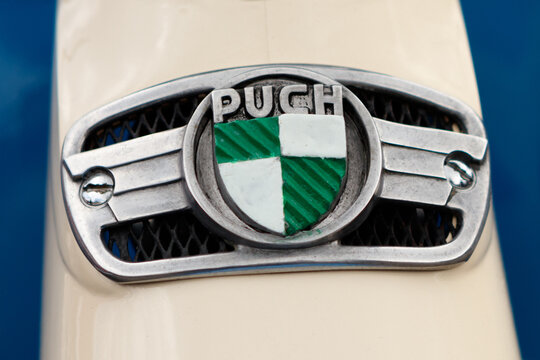Emblem of a Puch DS 50 motorbike at the eMotionen event on April 23, 2017 in Ludwigsburg, Germany