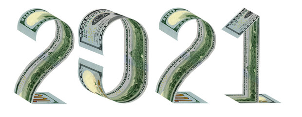 Inscription 2021 made of one hundred dollar banknotes 3D rendering