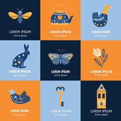 Fototapeta premium Set of Folk art cliparts in Scandinavian and Nordic style