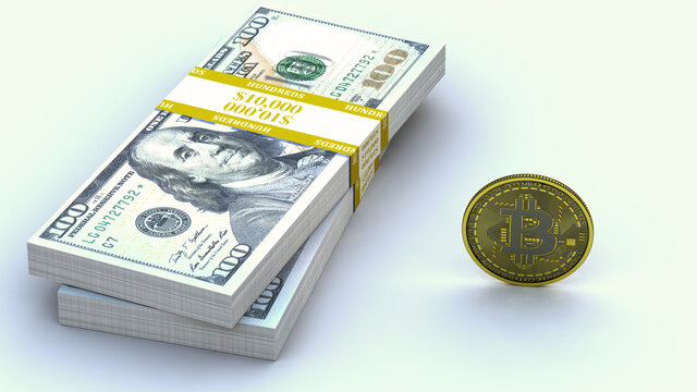 3d illustration of bitcoin next to $10K stack of cash US dollar bills