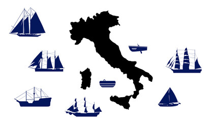 geographic shape of Italy and several boats scattered on a white background,concept of immigration or travel,vector illustration