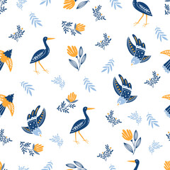 Seamless pattern with flowers,birds, heron on white background