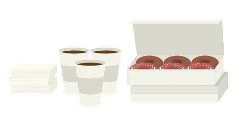 Donut and coffee delivery items set: donut boxes, coffee with place for logo.