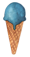 Blue ice cream in a crispy waffle cup. Watercolor food illustration isolated on white. Design for fabric, wallpaper, menu, packaging, print, wrapping, baby room.