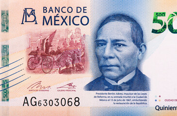 President Benito Juarez, triumphal entry into Mexico City on the 15th July 1867. Portrait from Mexico 500 Pesos  2017 Banknotes.