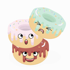 Three cute donuts look at each other while standing in the form of an unstable tower.