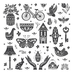 Set of Folk art cliparts in Scandinavian and Nordic style © darijashka