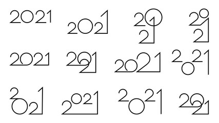 Set of linear icons for new year 2021 isolated on white background.