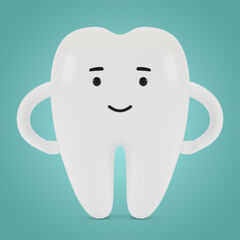 Tooth cartoon character. The concept of dental examination of teeth, dental health and hygiene. 3D illustration.