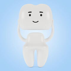 Veneer tooth, cartoon character. The concept of dental examination of teeth, dental health and hygiene. 3D illustration.