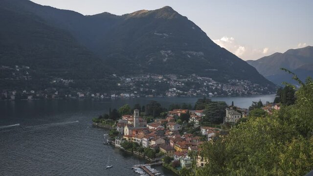 Italy, Lake Como Landscape With boats, Sky And Clouds, High point view View Time-Lapse