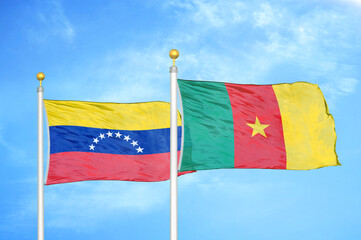 Venezuela and Cameroon two flags on flagpoles and blue sky