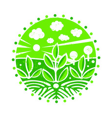 Green floral background. The grunge green landscape silhouette, of the field in the circle with dots.Eco friendly badge emblem.