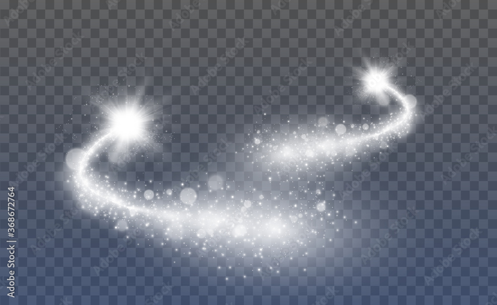 Poster Comet on a transparent background. Bright Star. Starry beautiful path. Shooting star. Comet tail. Meteor flies. Space object.