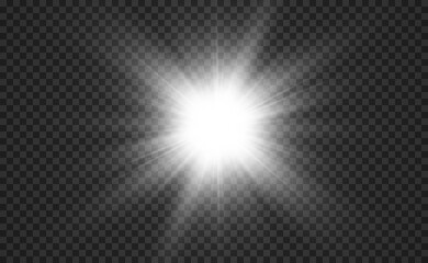 Special lens flash, light effect. The flash flashes rays and searchlight. illust.White glowing light. Beautiful star Light from the rays. The sun is backlit. Bright beautiful star. Sunlight. Glare.