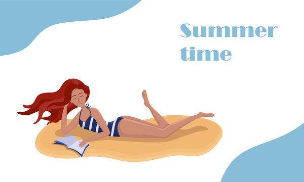 Young woman with red hair lying, tanning and reading the book on the beach. Summer time. Vector illustration in flat style.