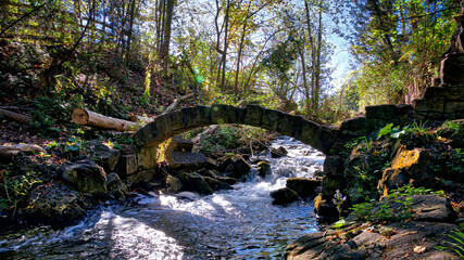 Stone bridge over the river rapid in autumn