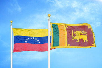 Venezuela and Sri Lanka two flags on flagpoles and blue sky