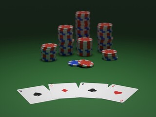 3D rendered concept illustration of four aces spread out on green felt in front of stacks of poker chips