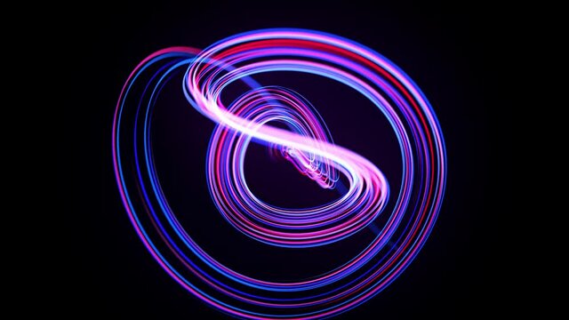 Light flow bg in 4k. Abstract looped background with light trails, stream of red blue neon lines in space move to form looped spiral shapes. Modern trendy motion design background. Light effect,