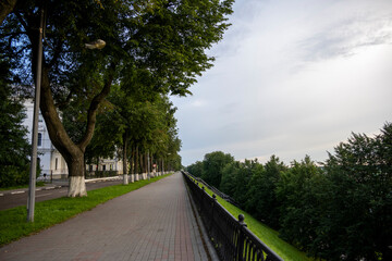 park green landscapes in summer with trees and walking paths